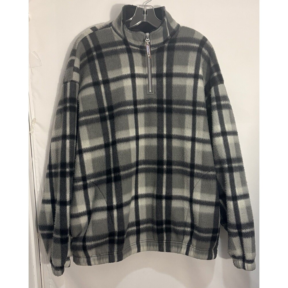 Vintage 90s Snow Fleece Plaid Quarter Zip Pullover Sweater/Gray Black White Larg